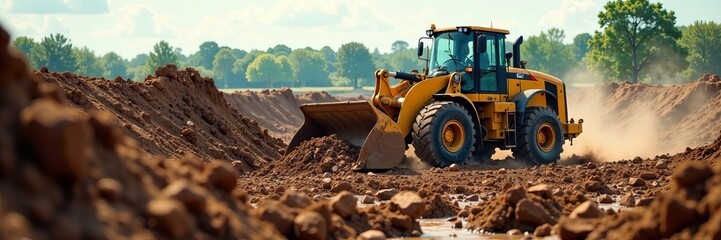 Fototapeta premium A yellow bulldozer working on a construction site amidst earth and dirt.
