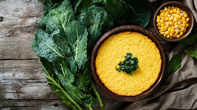 Fresh collard greens laid out next to a bowl of cornbread, isolated on a rustic wooden surface