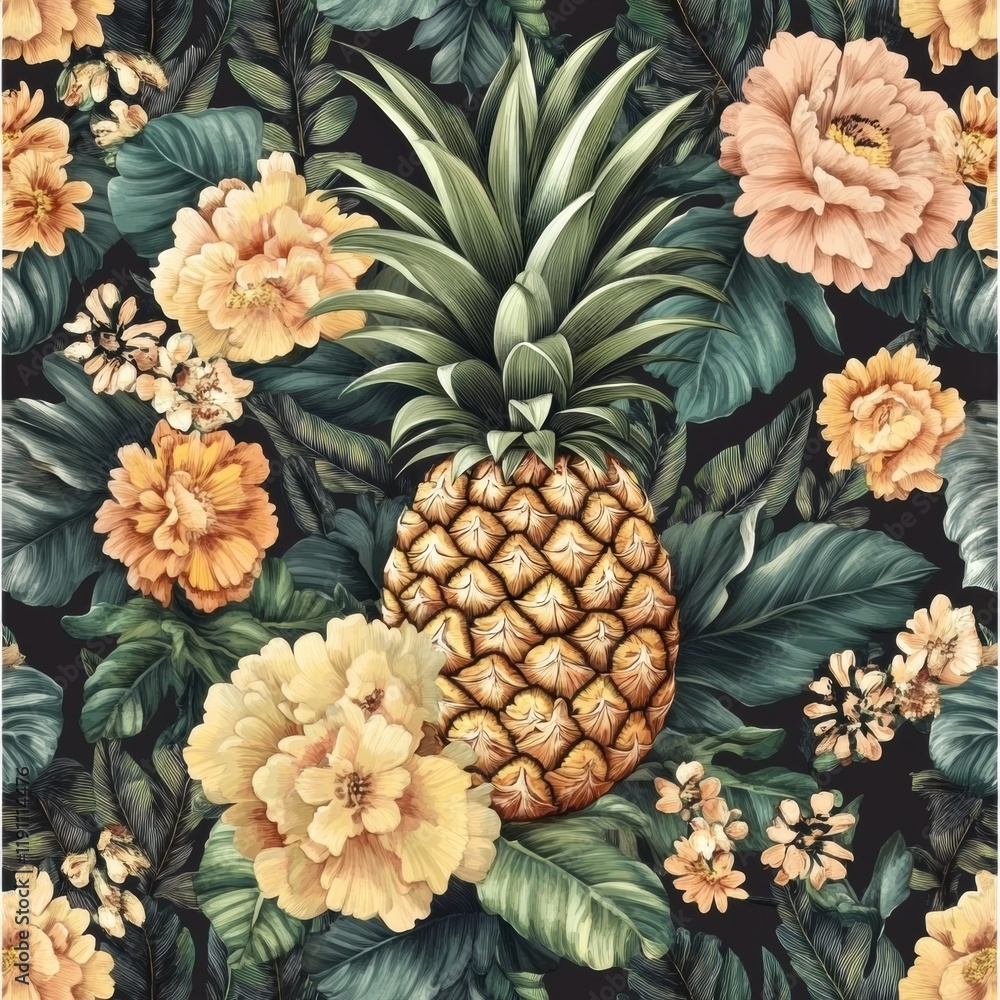 Poster tropical seamless pattern features pineapples surrounded by lush flowers and leaves on a dark backgr