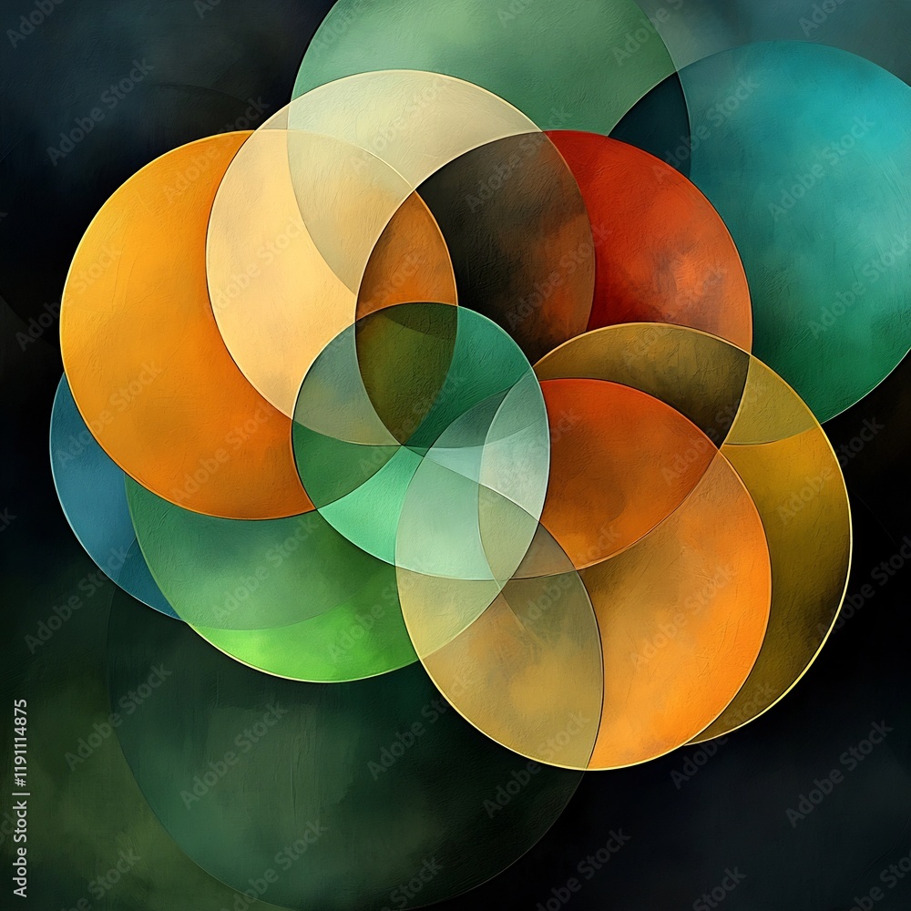 Poster meditative abstract composition featuring fluid overlapping circular forms in soothing earthy pigmen