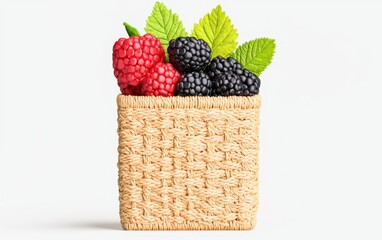 Farm to table restaurant Concept. Handwoven Basket Filled with Fresh Raspberries and Blackberries Displaying Rich Textures.