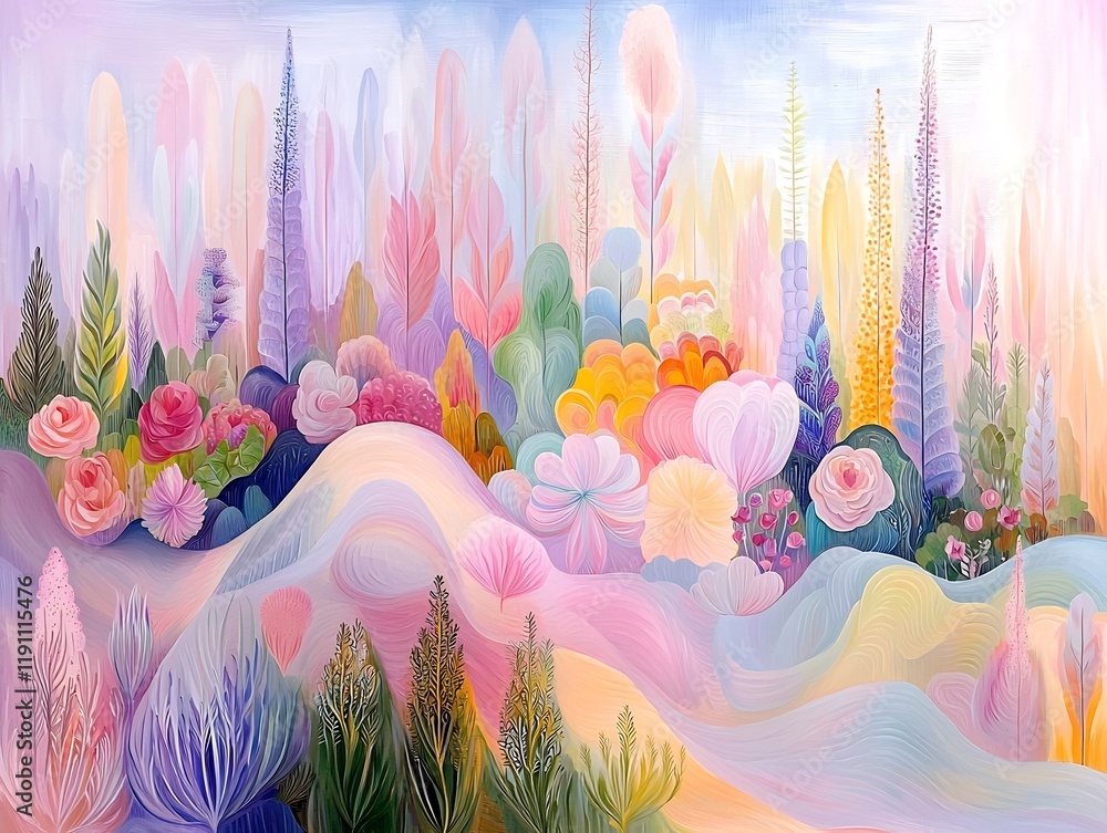Poster harmonious organic pastel composition with soft floral patterns and flowing matte forms captivating 