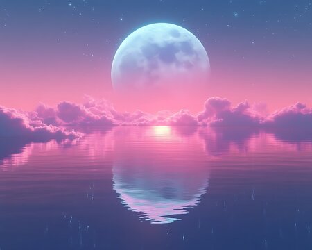 Pink sunset, full moon reflecting on calm water, dreamy clouds.