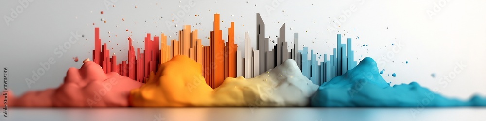 Poster a 3d rendered abstract representation visualizing the frequency and dynamics of words used in differ