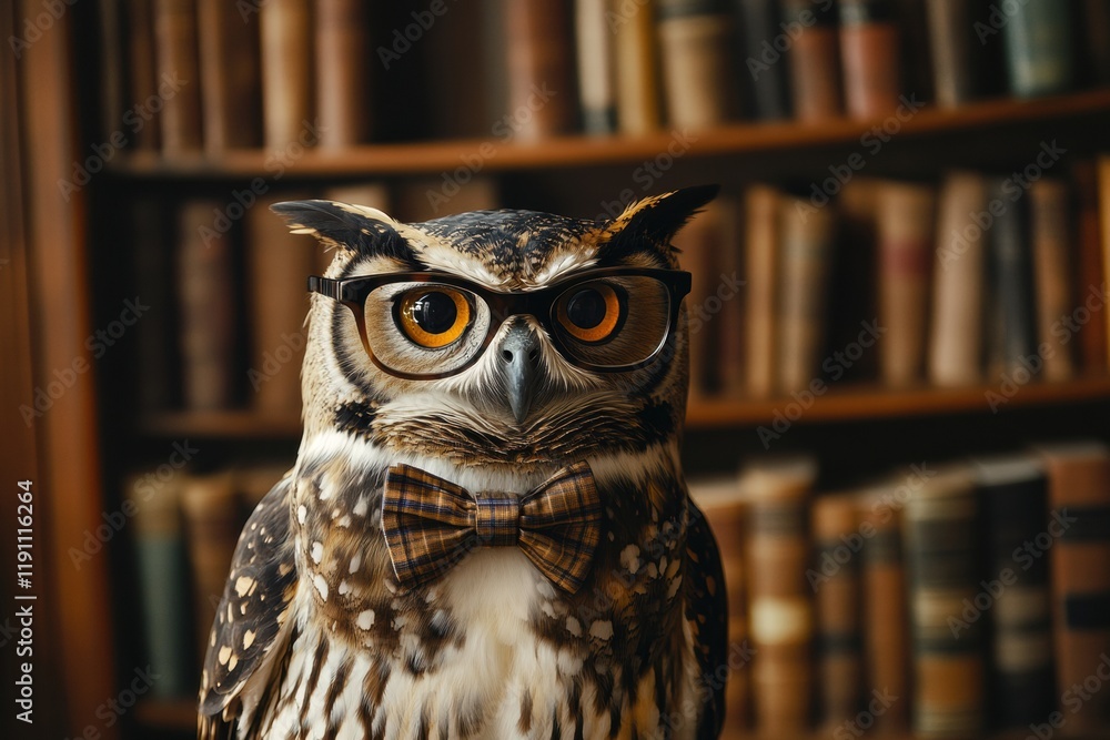 Poster owl portrait with glasses and bow tie in front of a grand bookshelf filled with books. generative ai