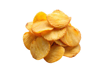 pile of golden yellow ridged potato chips with wavy texture isolated on transparent or white background png