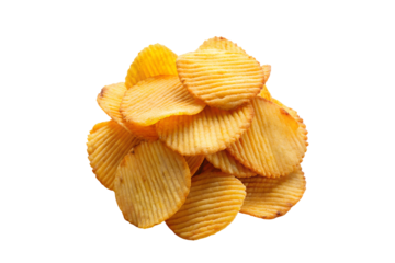 pile of golden yellow ridged potato chips with wavy texture isolated on transparent or white background png
