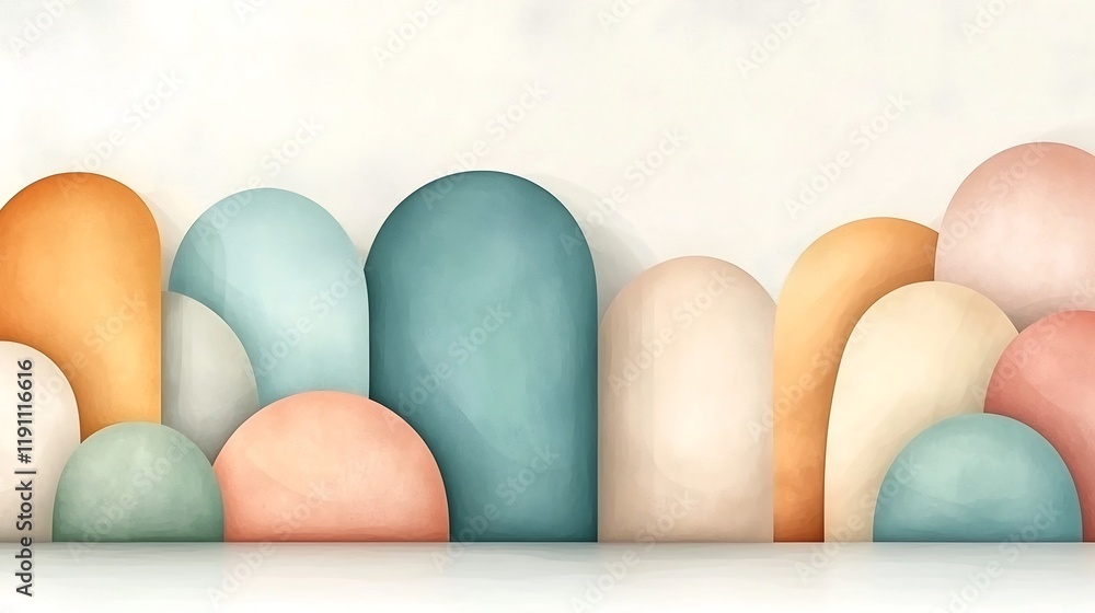 Poster serene abstract landscape of soft rounded shapes and calming pastel hues fluid movement minimalist c