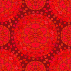 Seamless pattern with red Indian floral ornament for fabric swatch or wrapping paper. Vector vivid abstract kaleidoscopic background
