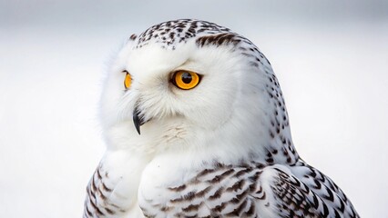 Obraz premium Snowy Owl Portrait: A majestic snowy owl, with its striking white plumage, piercing yellow eyes, and intricate black markings, stares intently at the viewer in a close-up portrait.
