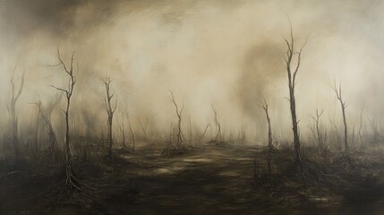 Fototapeta premium A desolate forest landscape with low-hanging fog, skeletal trees, and a chilling, muted light.