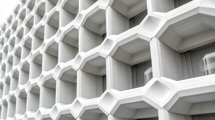 Abstract Architectural Facade: Geometric Honeycomb Design in White Concrete