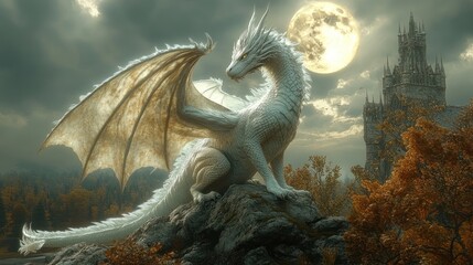 Naklejka premium Majestic white dragon perched on a rock, overlooking an autumnal landscape and castle under a full moon.