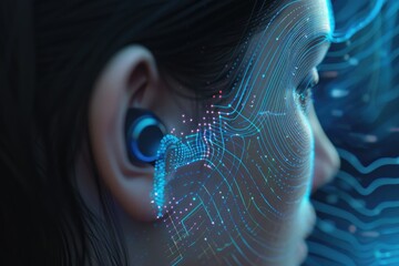 Young womans ear with sound wave simulation for hearing health.