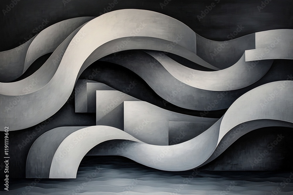 Poster mesmerizing abstract composition featuring fluid sinuous forms in a soothing monochromatic color sch