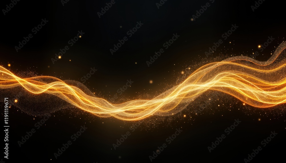 Poster golden wave design with glitter dust. abstract illustration on black background. dynamic curve patte