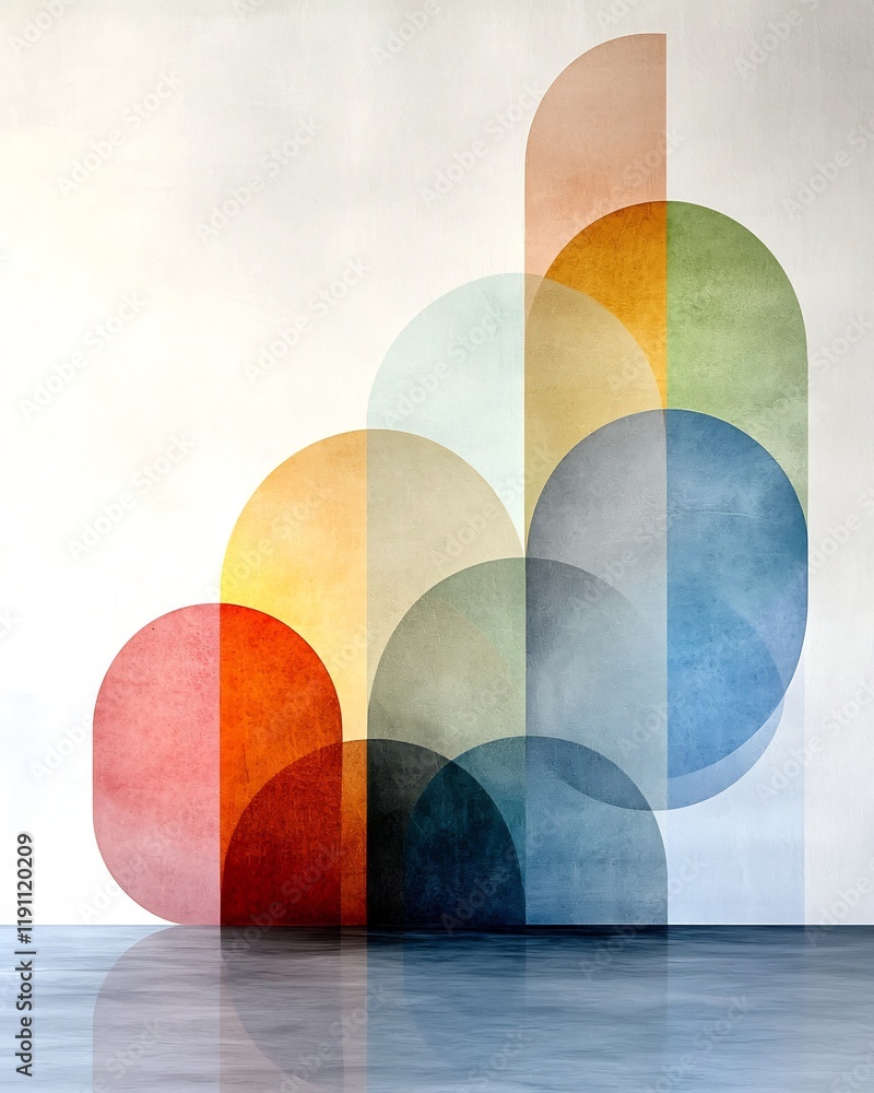 Poster captivating geometric abstraction harmonious pastel hues and soft photographic effects depicting a t