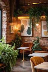 Fototapeta premium Craft a cozy yet refined coffee shop with rustic, worn exposed brick walls in warm earthy tones, accented by rich wooden fixtures and subtle golden lighting that casts a soft, relaxing glow