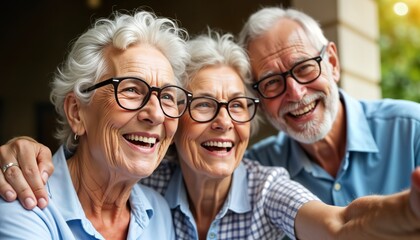 Three happy senior people take selfie outdoors. Smiling, looking at camera. Appear to enjoying summer day together. Elderly friends look content, relaxed posing for picture. Outdoors scene captures