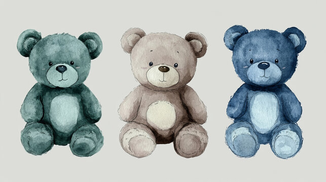 charming watercolor art print featuring three pastel teddy bears in blue, brown, and green for whimsical nursery or baby shower decor