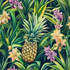 Vibrant tropical seamless pattern featuring pineapples among colorful flowers and lush green leaves for a lively decor. Generative AI