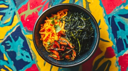 Seaweed incorporated into a Caribbean-style dish, isolated on a vibrant patterned backdrop