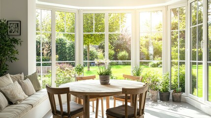 Fototapeta premium Bright and Airy Sunlit Dining Area with Greenery and Natural Light