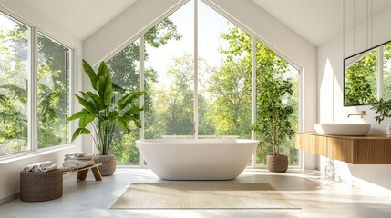 Fototapeta premium Modern Bright Bathroom with Bathtub and Nature View in Daylight