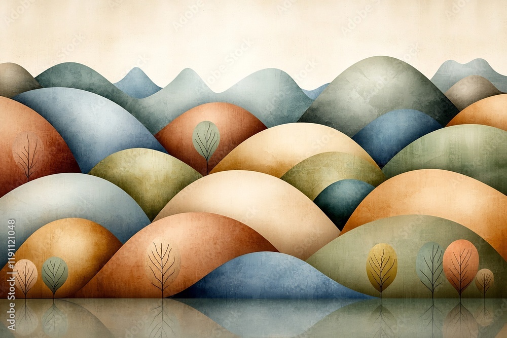 Poster harmonious interlocking curves in warm earthy tones across tranquil naturalistic landscape elegant a