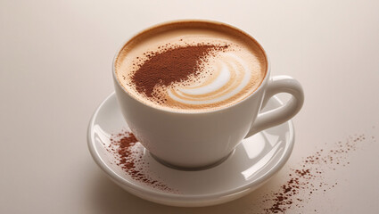 A warm, inviting traditional UK cappuccino in a classic white ceramic cup, adorned with a generous, velvety layer of frothy milk foam, gently swirled to create a delicate, feather-like pattern