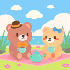 Cute illustration depicts a cute bear couple enjoying a tea picnic by the seaside. Adorable bear picnic in a peaceful coastal setting.