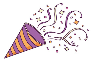 Festive party popper, colorful confetti explosion, striped cone shape, vibrant purple and orange, cheerful celebration, whimsical illustration, playful design, flying paper streamers, dynamic composit