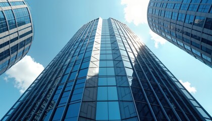 Low angle view of modern office skyscrapers. Futuristic glass facades reflect clear blue sky. High rise buildings in city center. Contemporary design. Modern tech architecture. Commercial