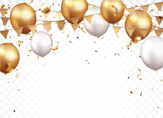 Celebration banner with gold confetti and balloons	
