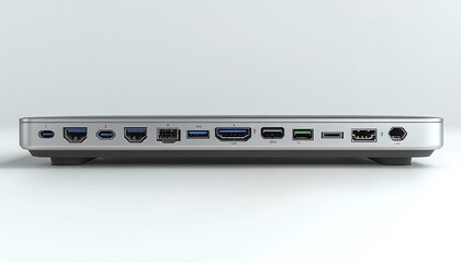 Sleek aluminum laptop docking station with various ports and outlets white background