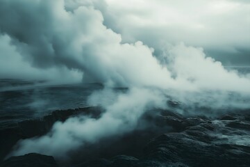 Obraz premium Atmospheric Steam Rising from Geothermal Vents for Renewable Energy
