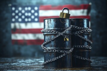Symbolic representation of oil industry challenges with barrels in chains and padlock