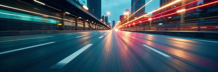 Fototapeta premium Dynamic night scene capturing light trails of vehicles on a city road.