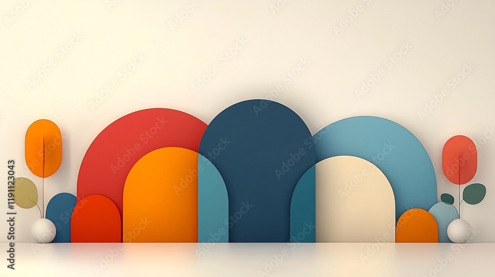 Poster minimalist abstract digital featuring a balanced composition of curved organic shapes and gentle col