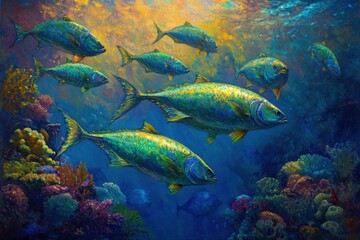Fototapeta premium School of colorful mahimahi swims gracefully in vibrant reef