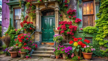 Fototapeta premium Urban Decay Charm: Vibrant Flower Box on Abandoned Victorian House Facade