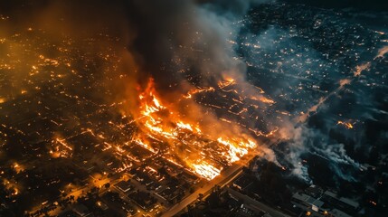 Aerial View of Wildfire Burning Dangerous Areas with Smoke and Flames