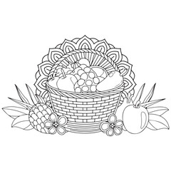 Basket full of fruits and vegetables outline coloring page. Thanksgiving hand drawn colouring