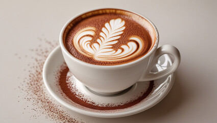 Fototapeta premium A warm, inviting traditional UK cappuccino in a classic white ceramic cup, adorned with a generous, velvety layer of frothy milk foam, gently swirled to create a delicate, feather-like pattern