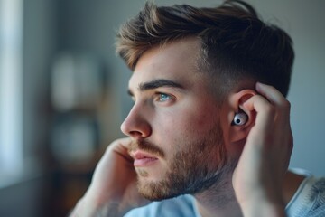 Obraz premium Young man with hearing problems or hearing loss. Hearing test concept.