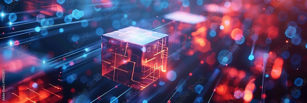 Poster Glowing transparent cube with red lines floats on a digital background with bokeh lights. Futuristic tech concept. Vibrant blue and red. Ideal for technology themes.