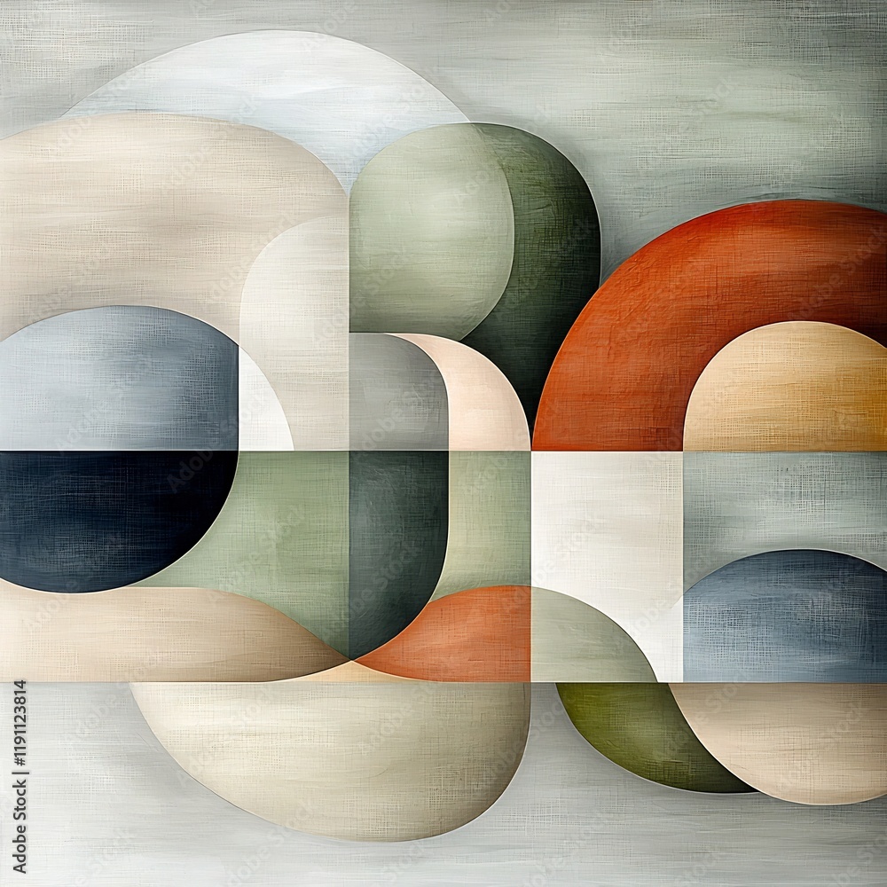 Poster graceful curved geometric patterns and minimalist forms in a muted earthy color palette with a seren