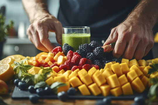 Close-up of a man preparing a healthy smoothie with fresh fruit and berries