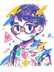 Colorful Sketch of a Boy with Glasses