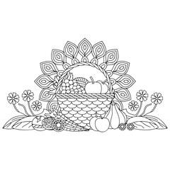 Basket full of fruits and vegetables outline coloring page. Thanksgiving hand drawn colouring